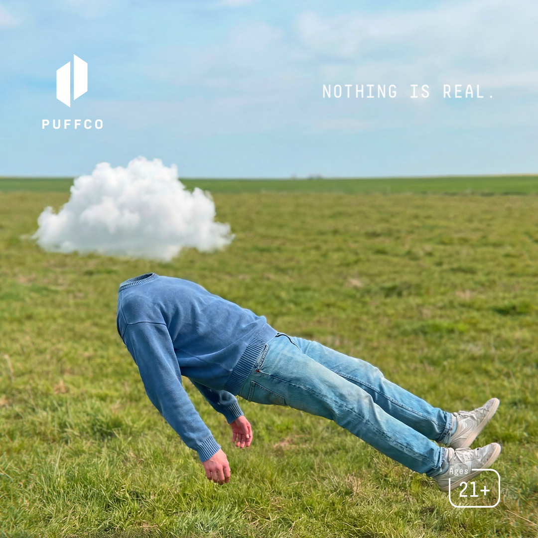 Puffco · merch page ad: A figure in a field, a cloud for a head.