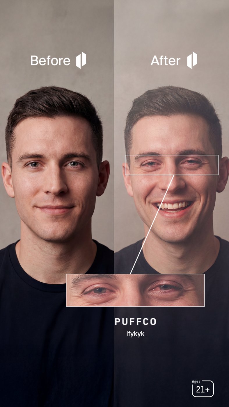 Puffco · merch page ad: Before and after, one face.