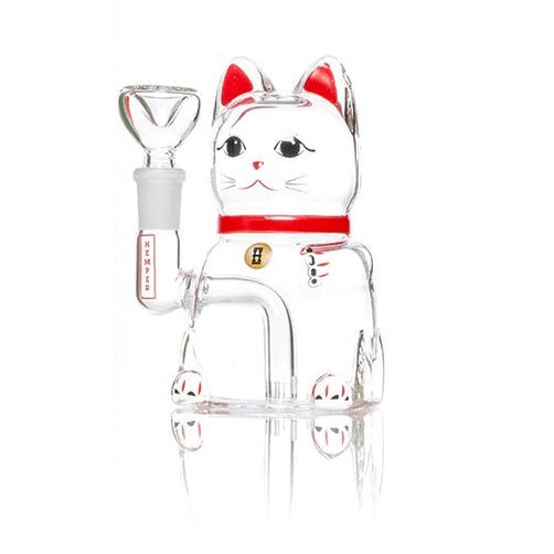 Hemper store photo: a clear glass lucky cat figurine