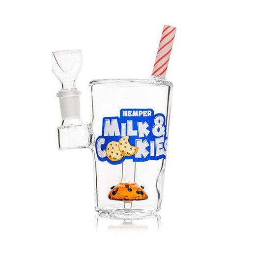 Hemper store photo: a glass shaped like a cup of milk with a striped straw